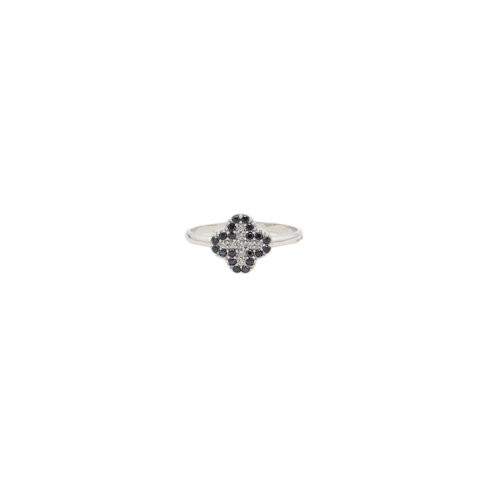 Δαχτυλίδι σχέδιο σταυρός με μαύρα και λευκά ζιργκόν από λευκόχρυσο 9 καρατίων