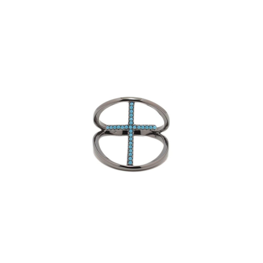 Sterling silver 925°.  Black plated bands & turquoise CZ cross