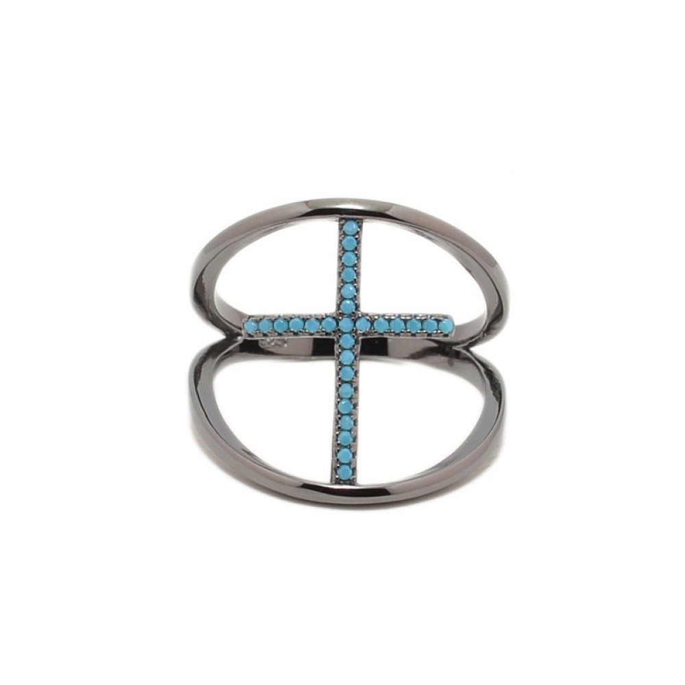 Δαχτυλίδι σχέδιο σταυρός με πέτρες ζιργκόν από μαύρο επιπλατινωμένο ασήμι 925°
