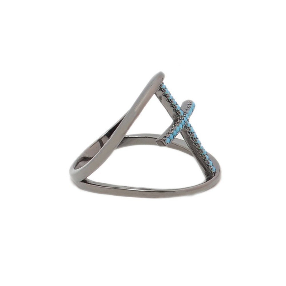 Sterling silver 925°.  Black plated bands & turquoise CZ cross