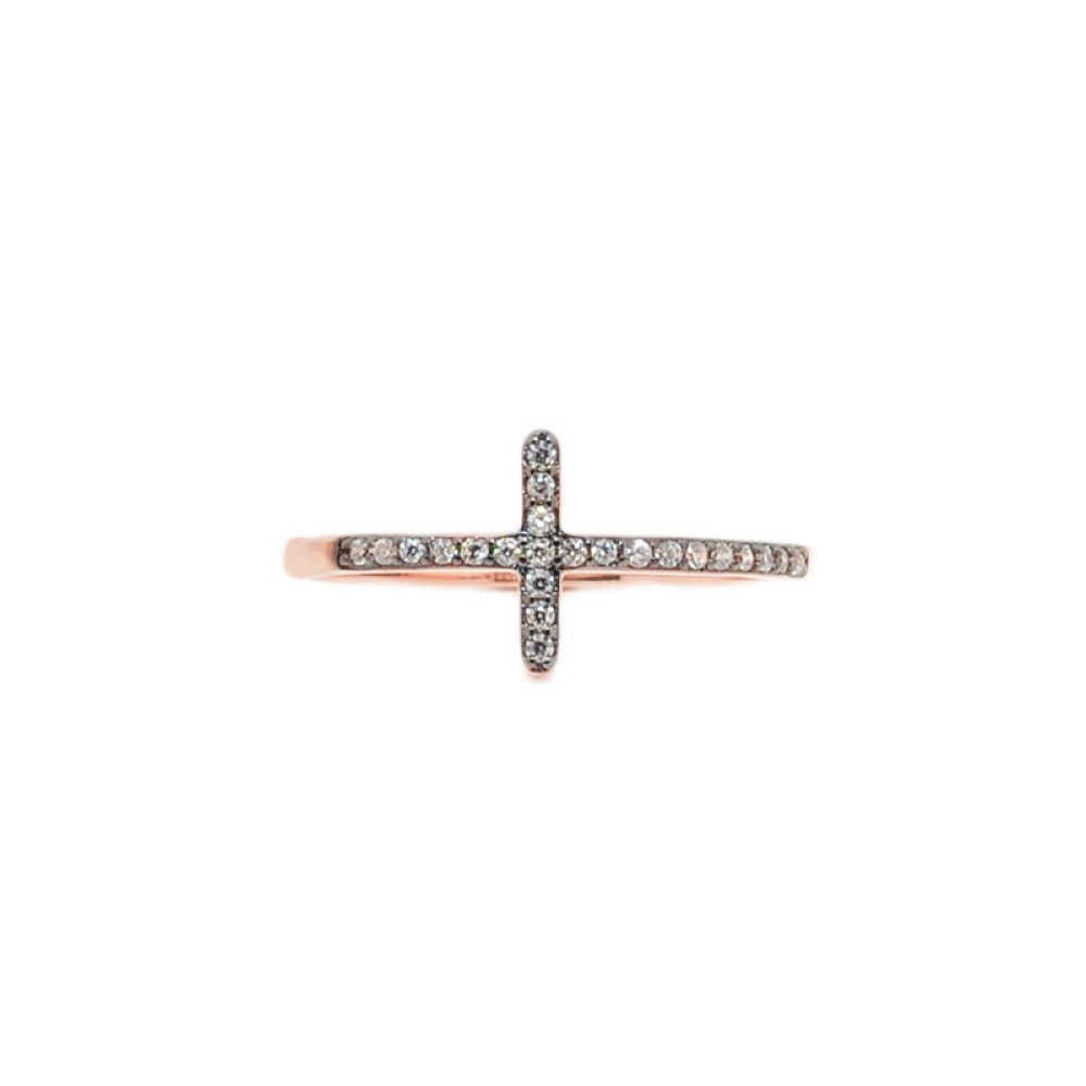 Δαχτυλίδι σχέδιο σταυρός με λευκά ζιργκόν από ροζ επιχρυσωμένο ασήμι 925°