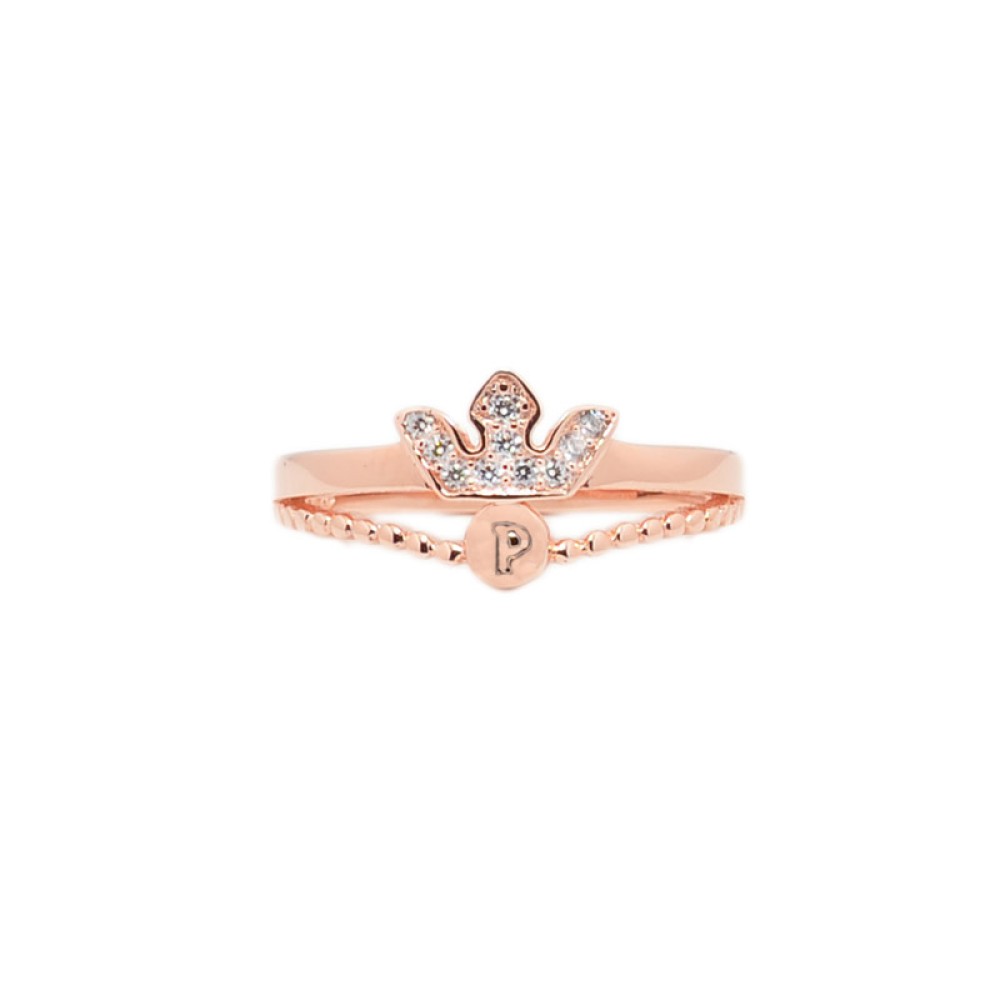 Δαχτυλίδι σχέδιο κορώνα princess με πέτρες ζιργκόν από ροζ επιχρυσωμένο ασήμι 925°