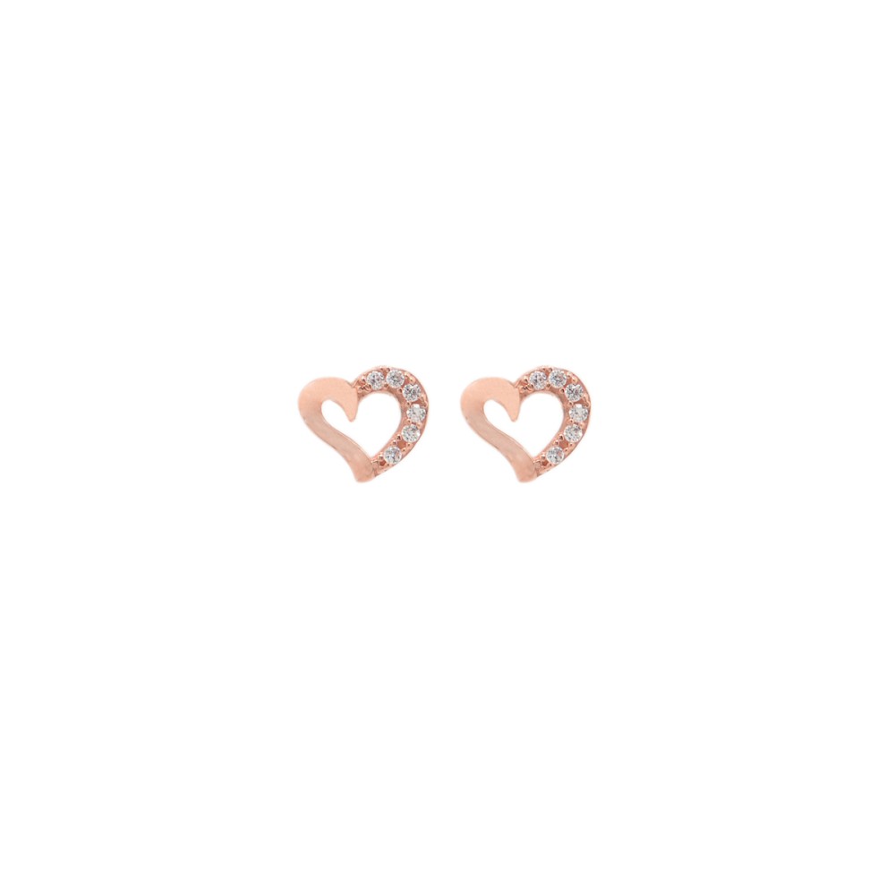 Σκουλαρίκια στίκ σχέδιο καρδιά με πέτρες ζιργκόν από ροζ χρυσό 9 καρατίων