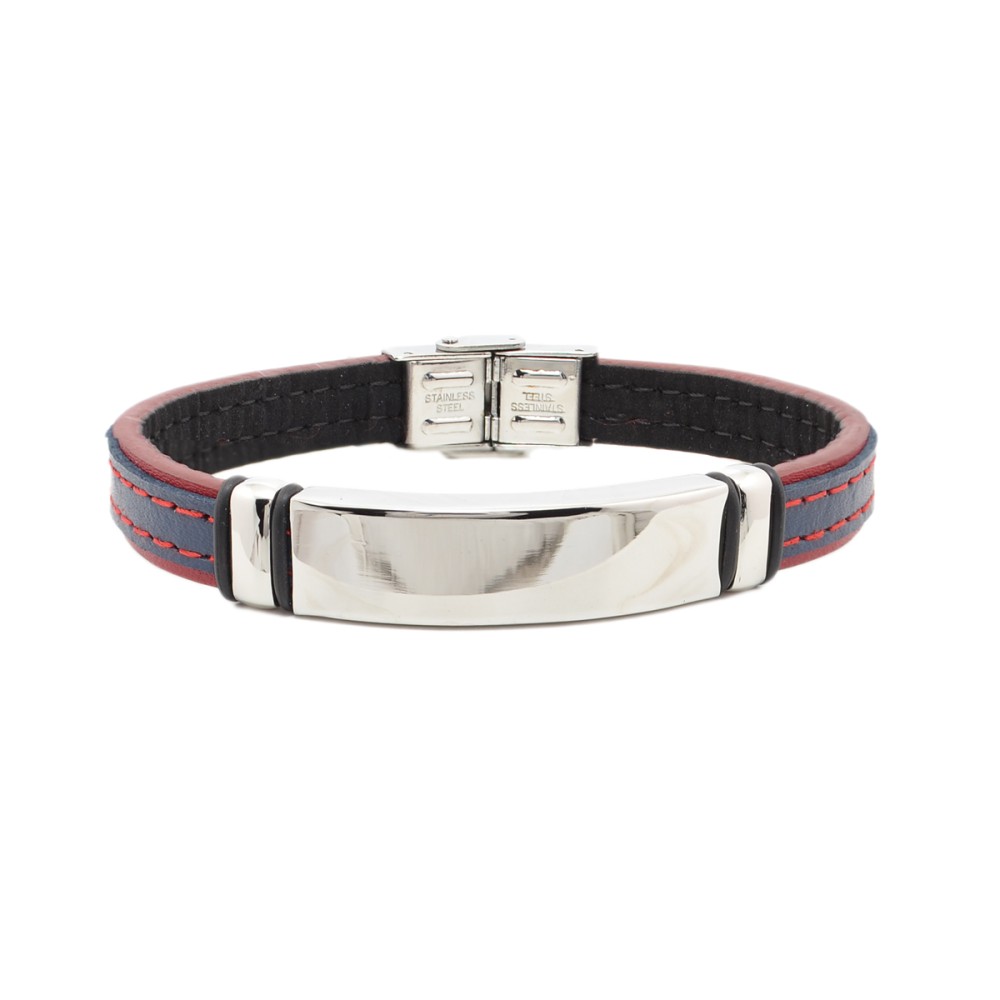 Red and blue leather ID bracelet