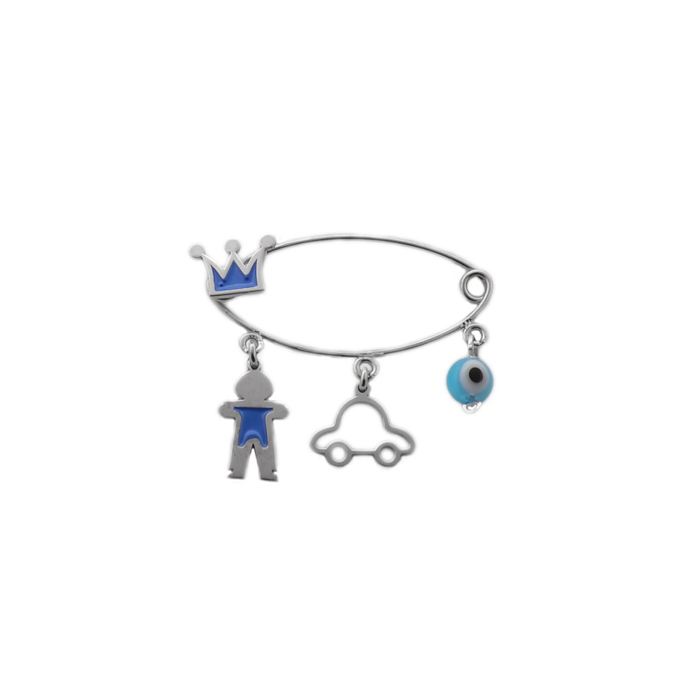 Sterling silver 925°.  Boy's safety pin with charms