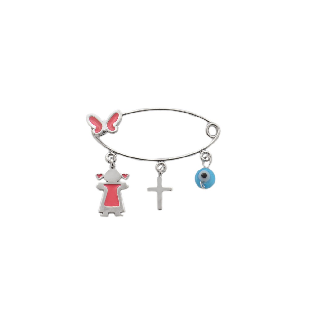 Sterling silver 925°.  Girl's safety pin with charms