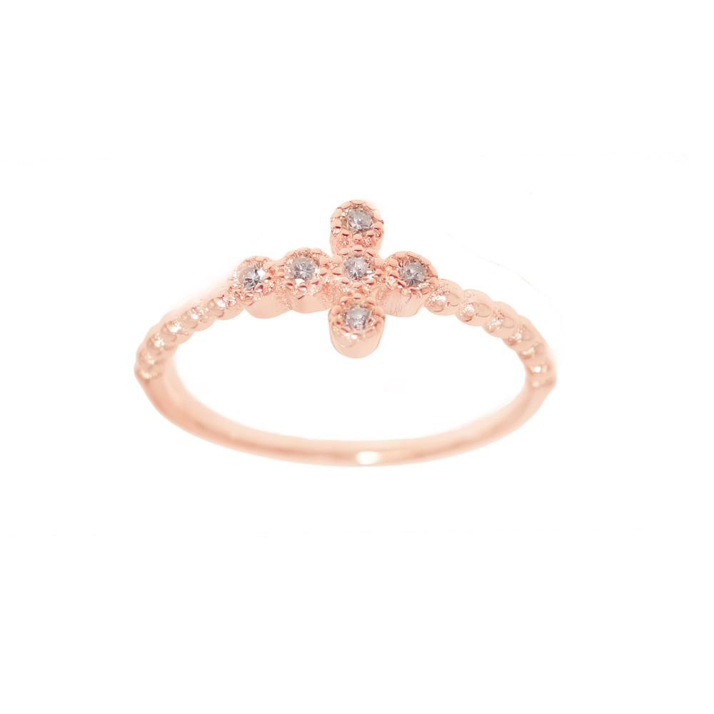 Δαχτυλίδι σχέδιο στριφτή βέρα με σταυρό με πέτρες ζιργκόν από ροζ επιχρυσωμένο ασήμι 925°
