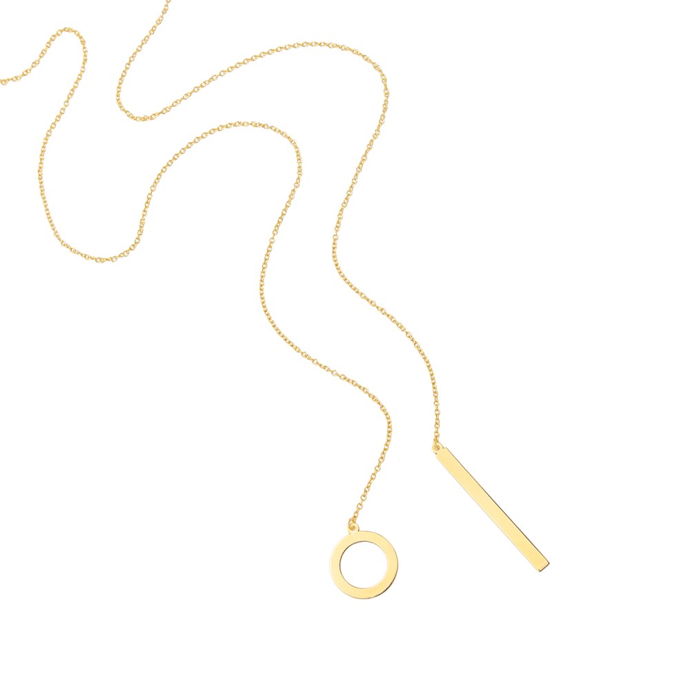 9kt Gold. Circle and bar lariat necklace