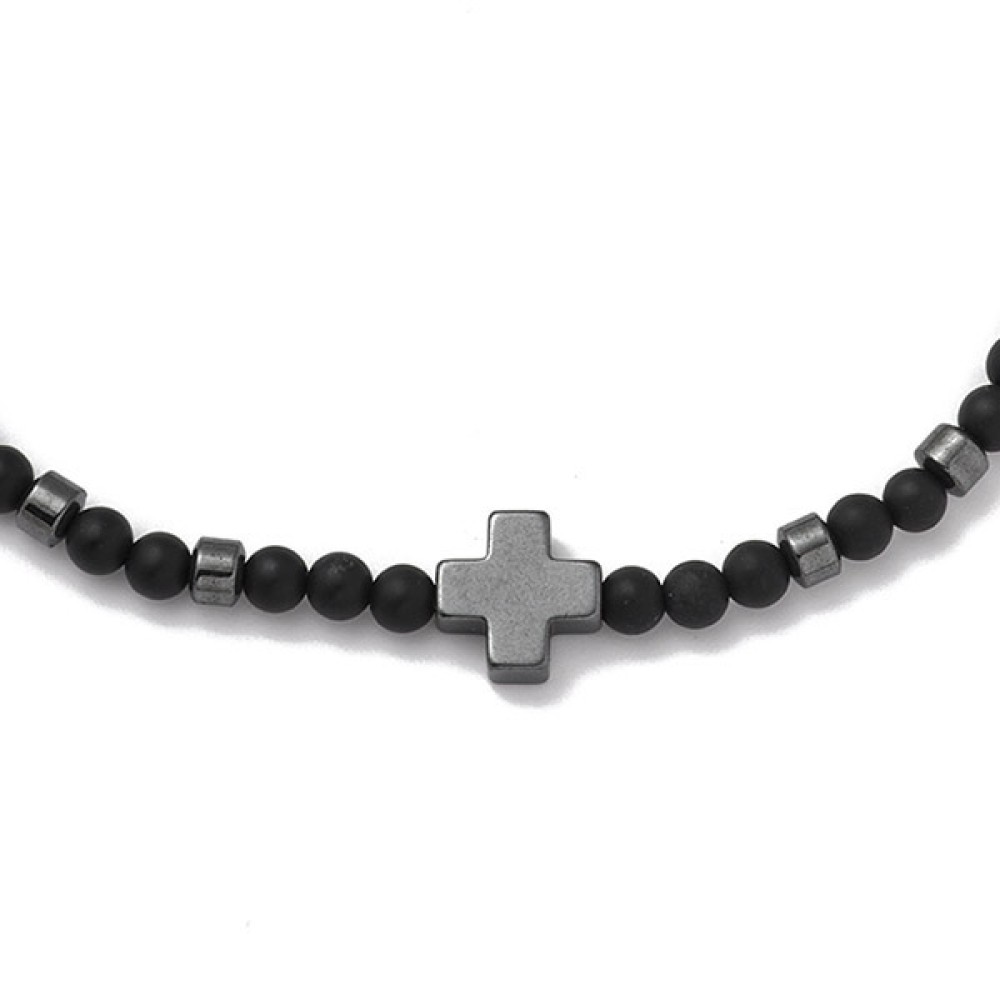 Hematite cross & onyx beads