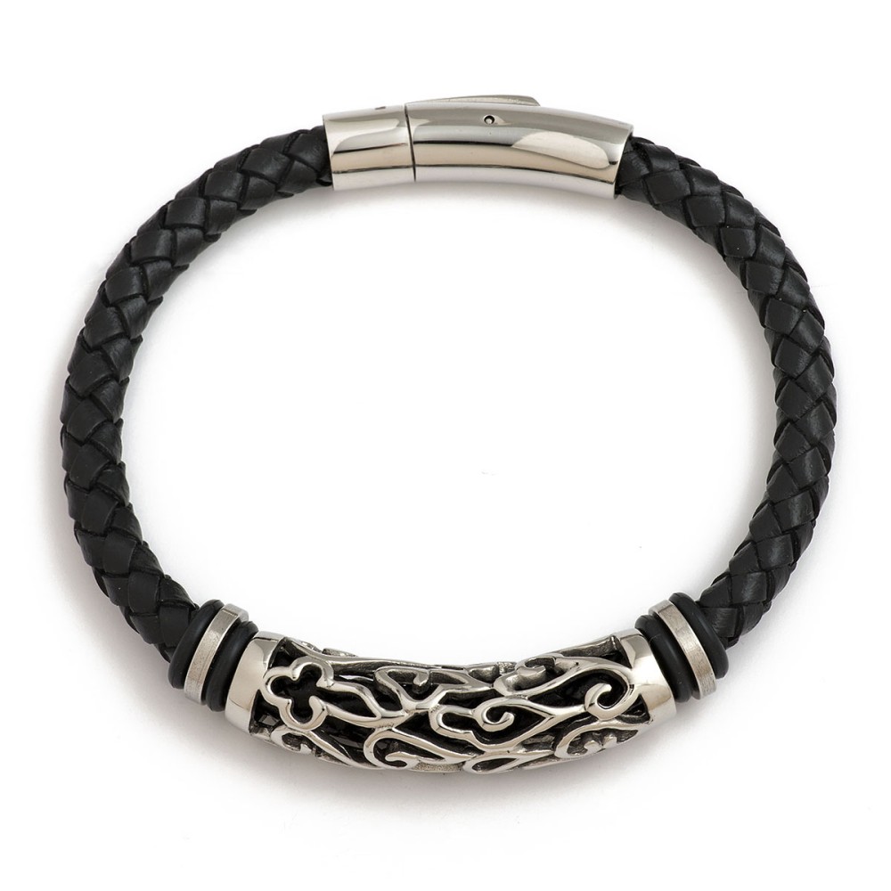 Braided leather & stainless steel bracelet