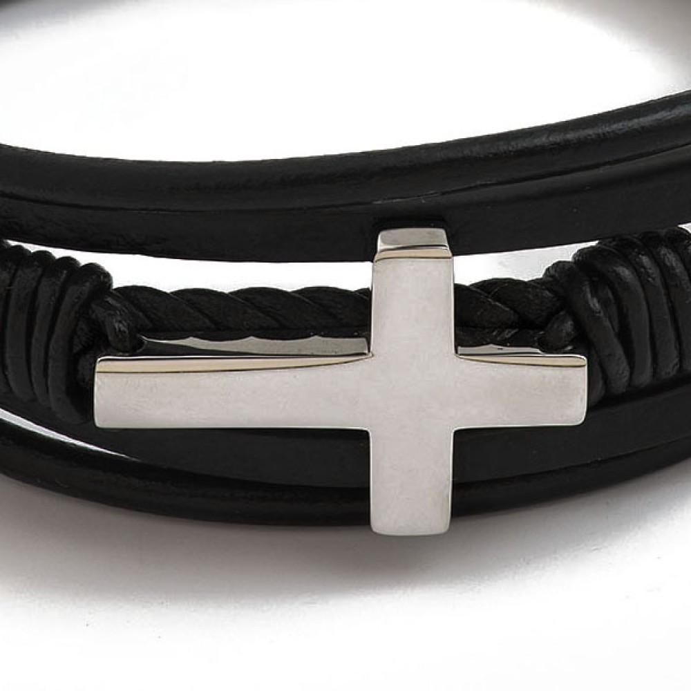 Leather & stainess steel cross bracelet