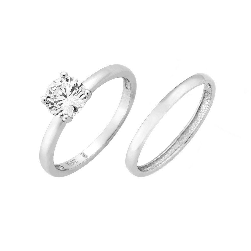 Sterling silver 925°.  Solitaire white CZ and band duo