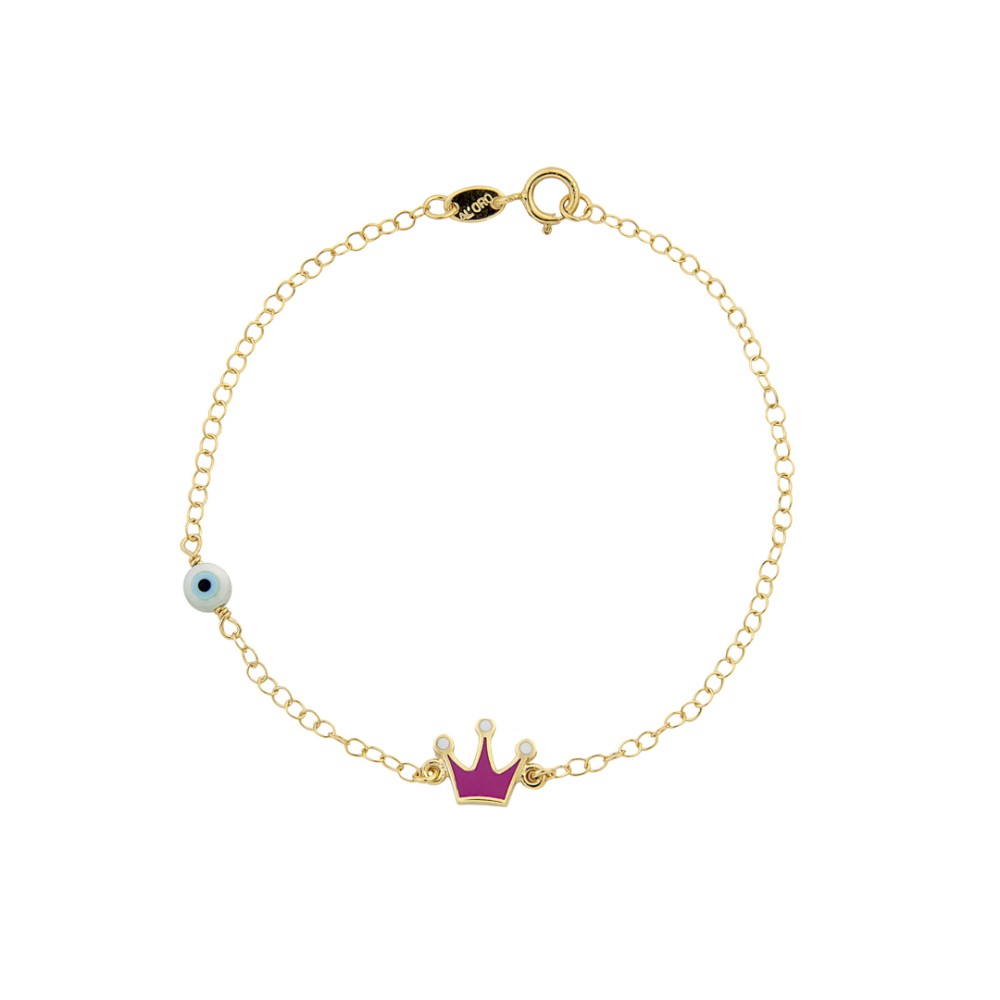 9kt Gold. Fuchsia crown & evil eye bracelet