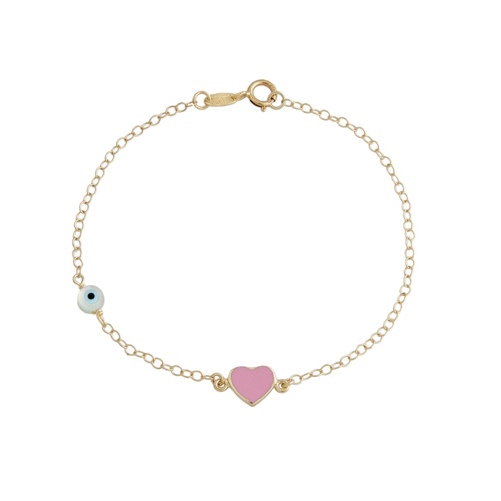 9kt Gold. Pink enamel heart & evil eye bracelet