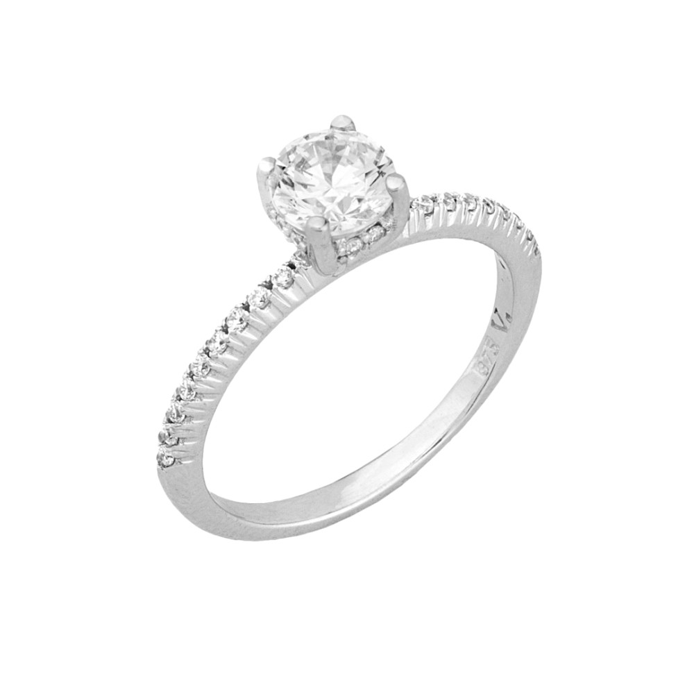 9kt Gold. Solitaire in 9ct white gold with CZ band