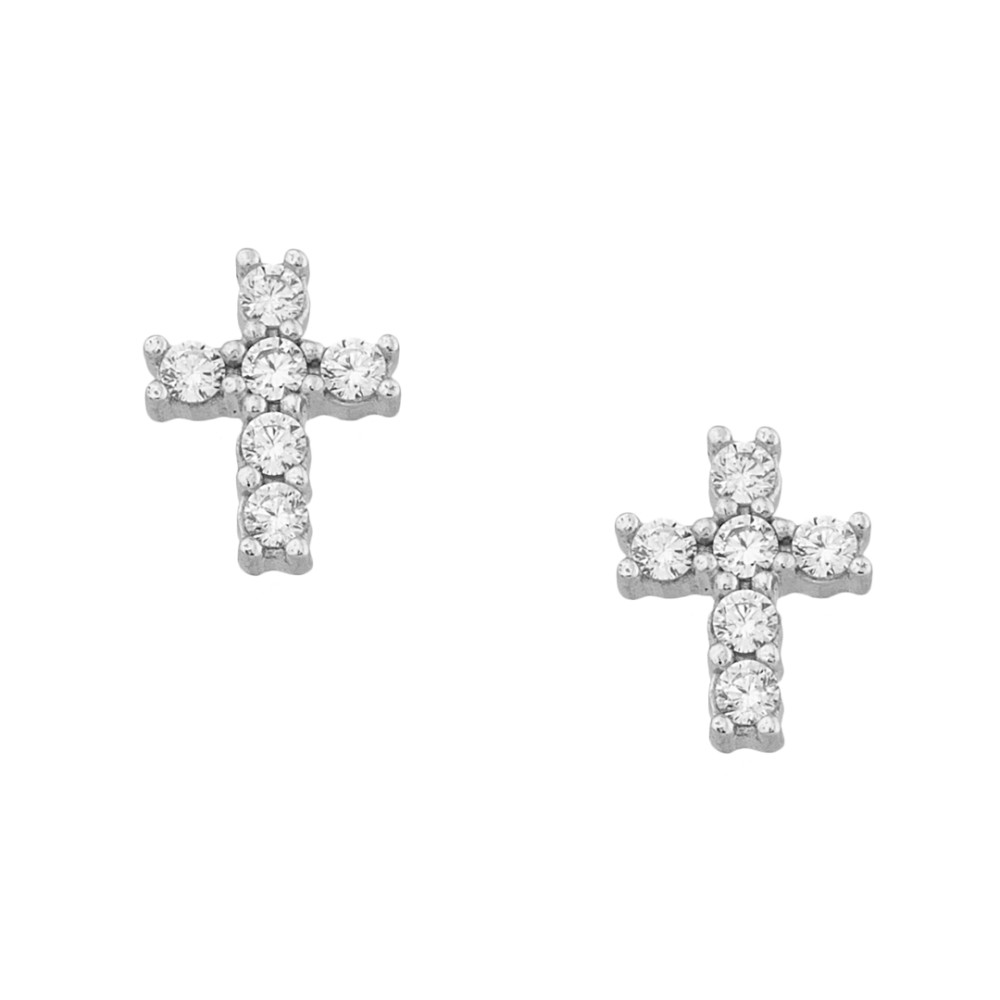 Σκουλαρίκια στικ σχέδιο σταυρός με πέτρες ζιργκόν από λευκόχρυσο 9 καρατίων