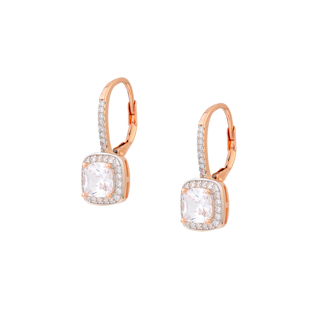 Sterling silver 925°. Square CZ with halo drop earrings