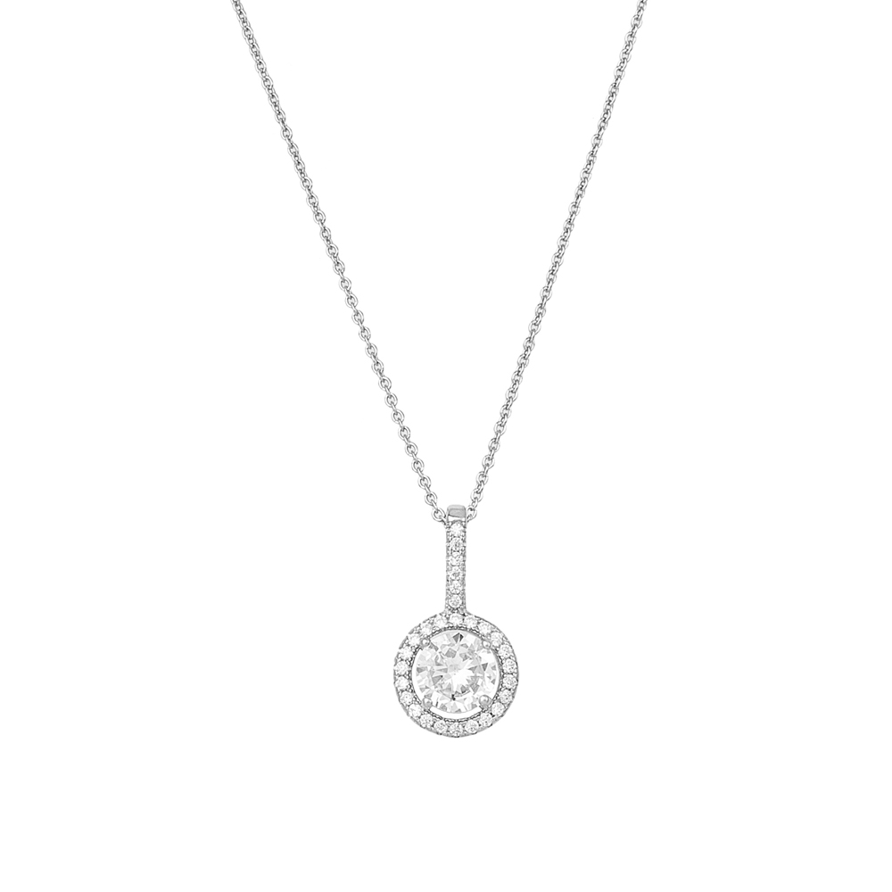 Sterling silver 925°. Round solitaire and halo pendant