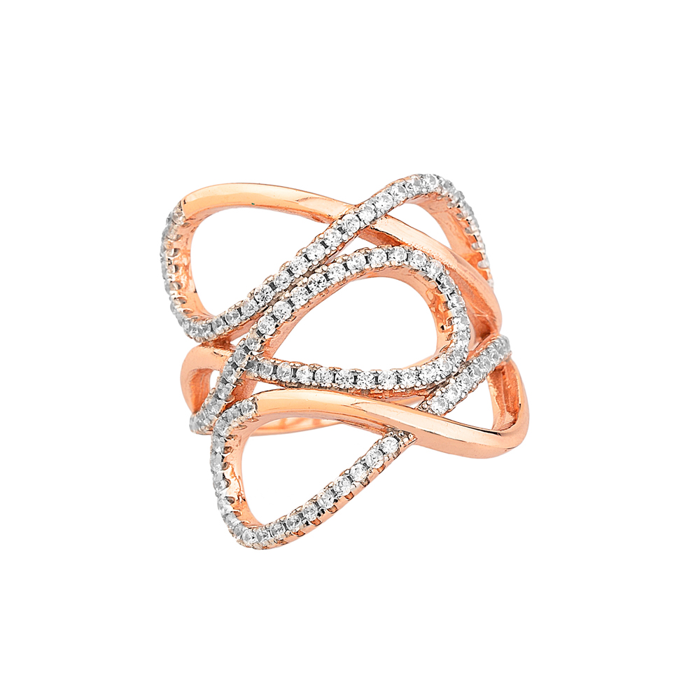 Δαχτυλίδι σχέδιο infinity τριπλό με πέτρες ζιργκόν από ροζ επιχρυσωμένο ασήμι 925°
