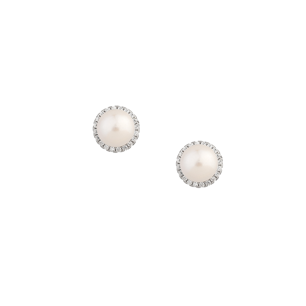 Sterling silver 925°. Pearl stud earrings with CZ halo