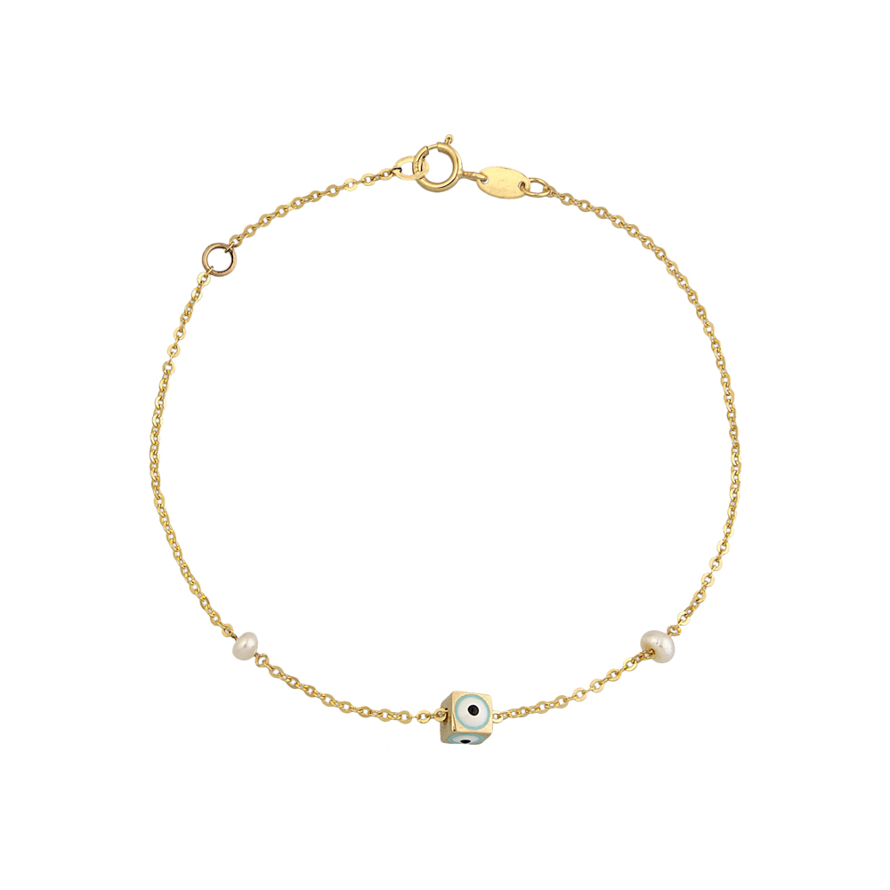 9kt Gold. Cube and pearls chain bracelet