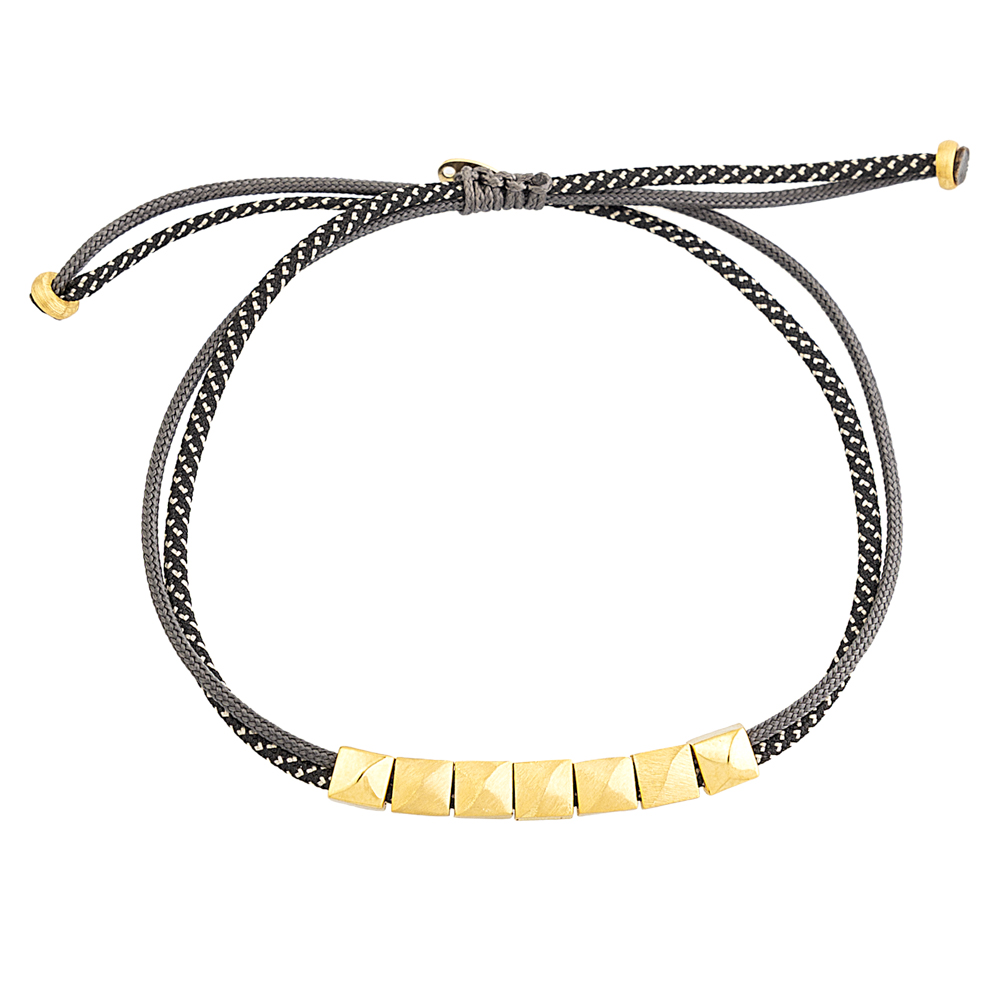 9kt Gold. Seven square bead bracelet on cord