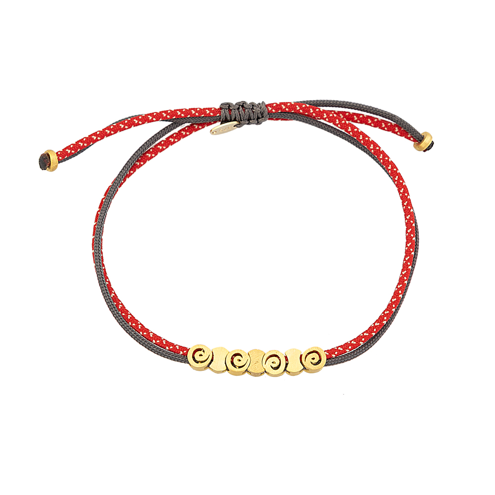9kt Gold. Seven circle bead bracelet on cord