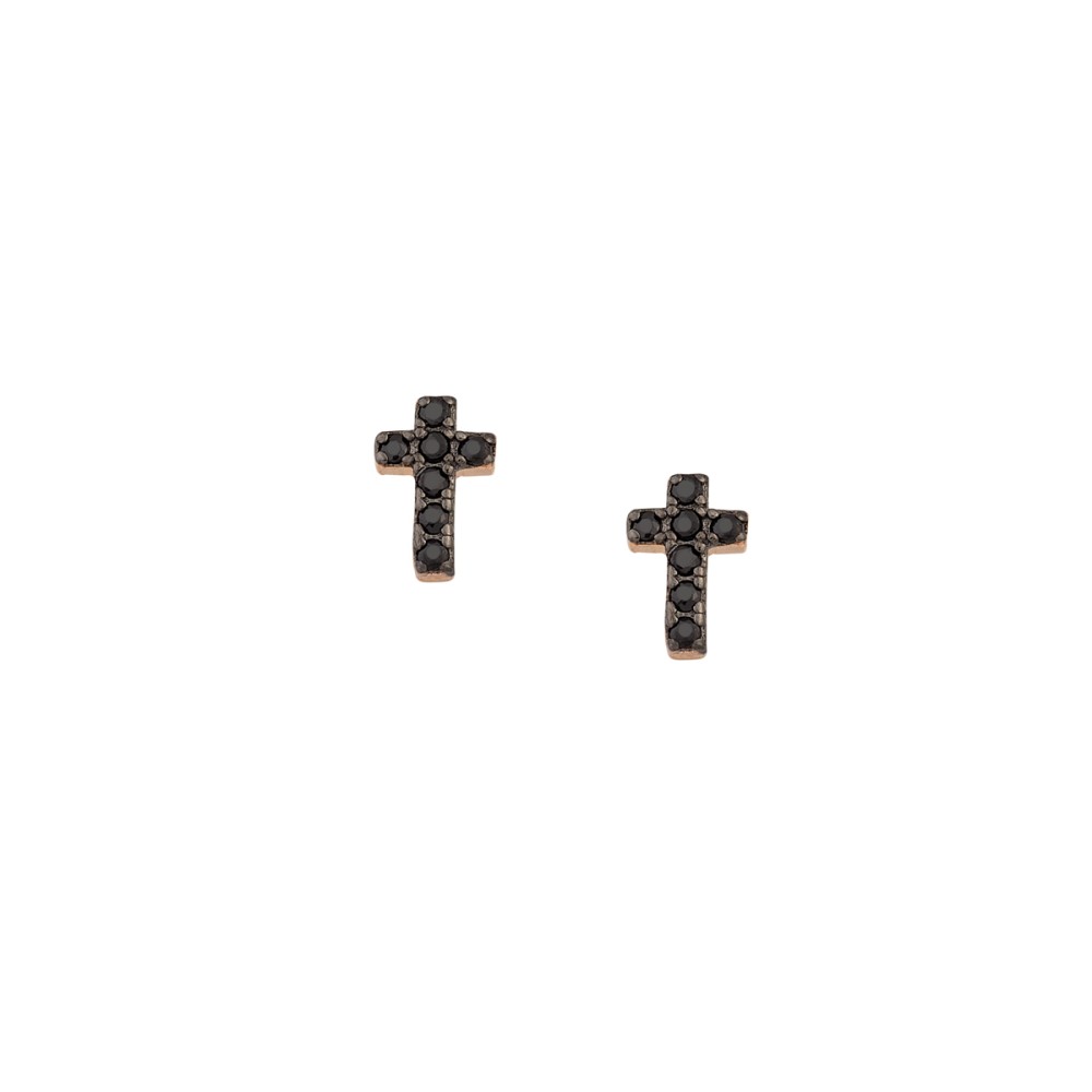 Σκουλαρίκια στικ σχέδιο μικρός σταυρός με πέτρες ζιργκόν από ροζ επιχρυσωμένο ασήμι 925°