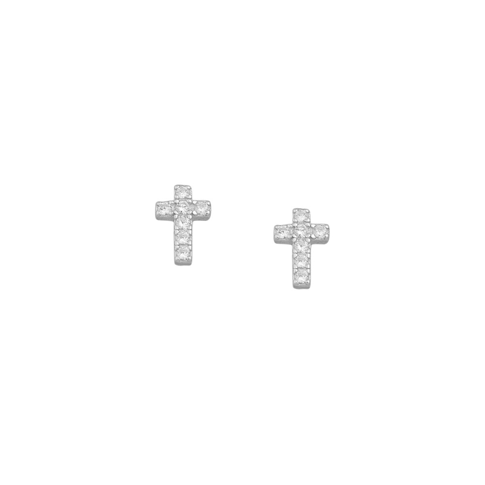 Σκουλαρίκια στικ σχέδιο μικρός σταυρός με πέτρες ζιργκόν από επιπλατινωμένο ασήμι 925°