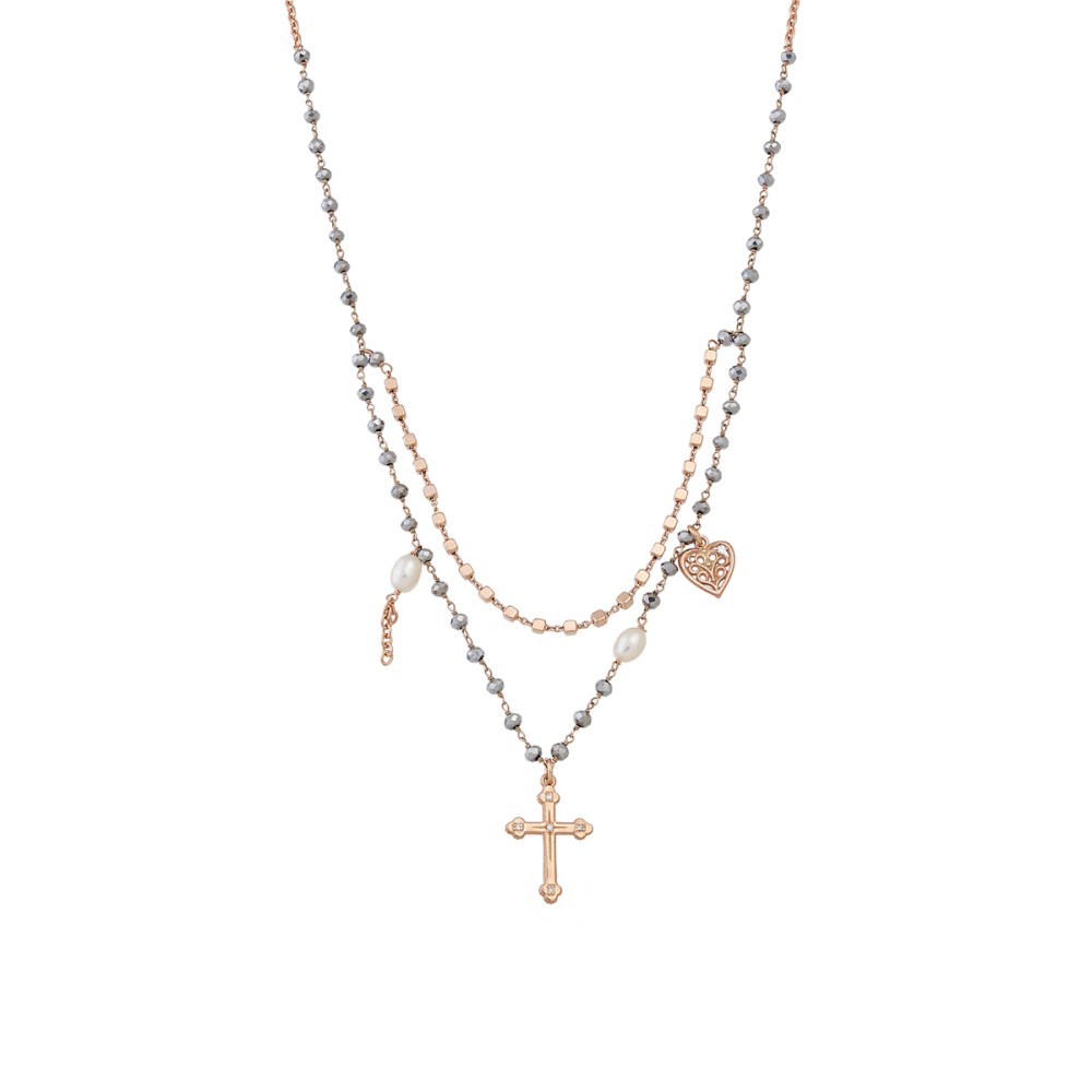 Sterling silver 925°. Rosary style necklace with pearls and charms