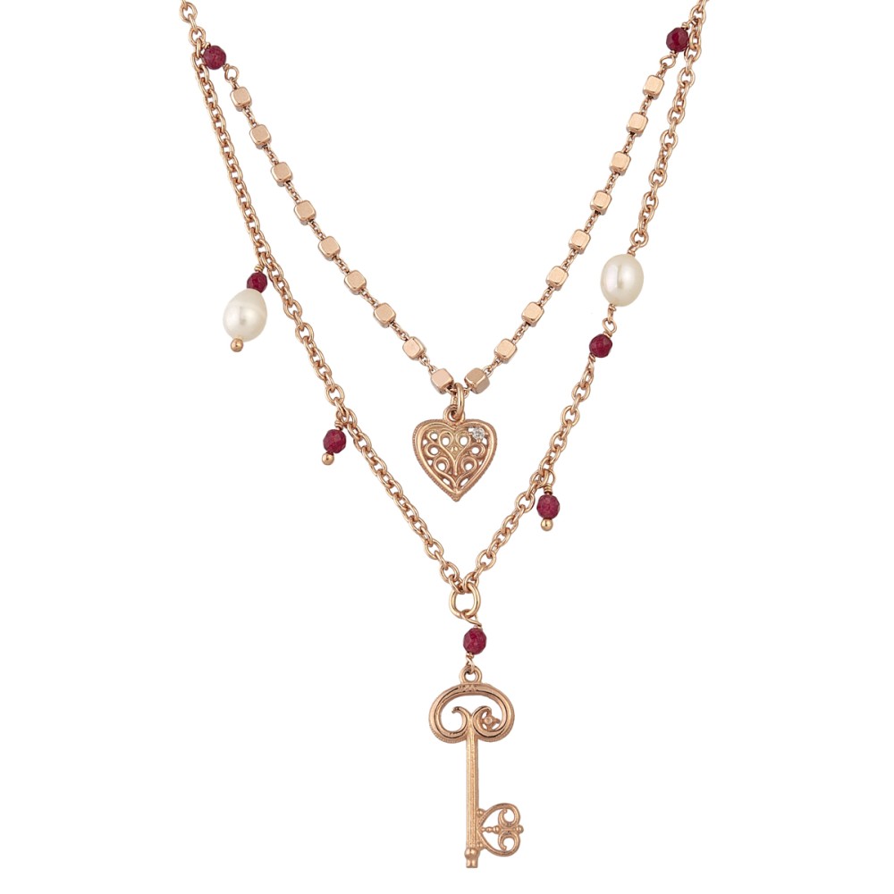 Κολιέ 40cm με κρεμαστά στοιχεία, πέρλες και αχάτη και αλυσίδα από ροζ επιχρυσωμένο ασήμι 925°