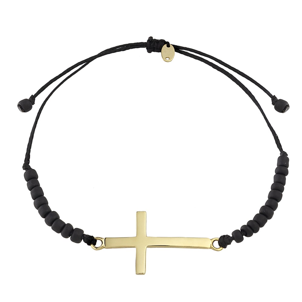 Gold 9ct.  Sideways cross on cord bracelet