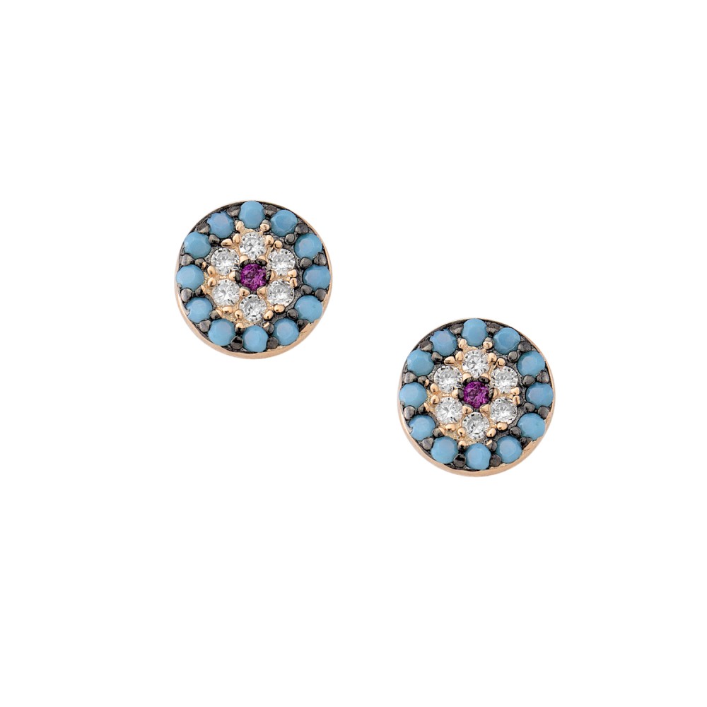 Sterling silver 925°. Round Evil Eye stud earrings with CZ