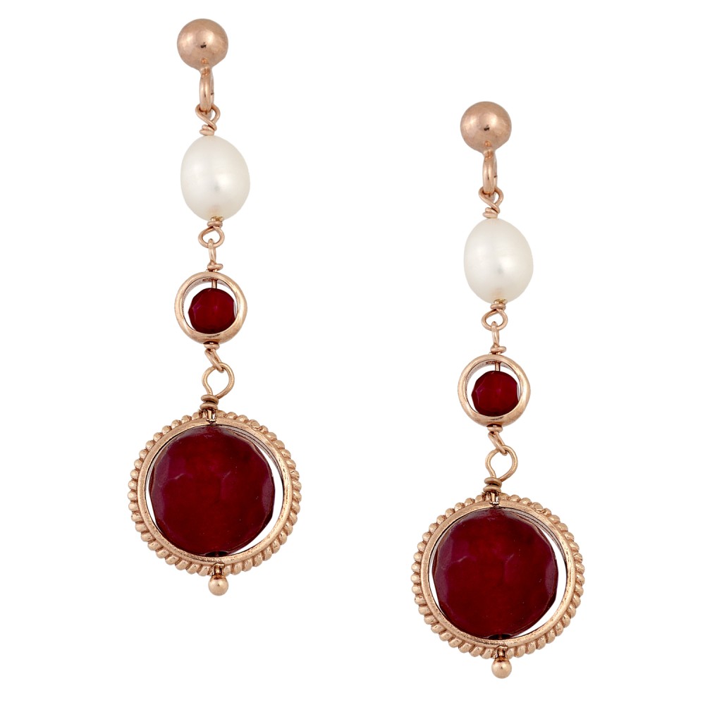 Sterling silver 925°. Red agate & pearl drop earrings