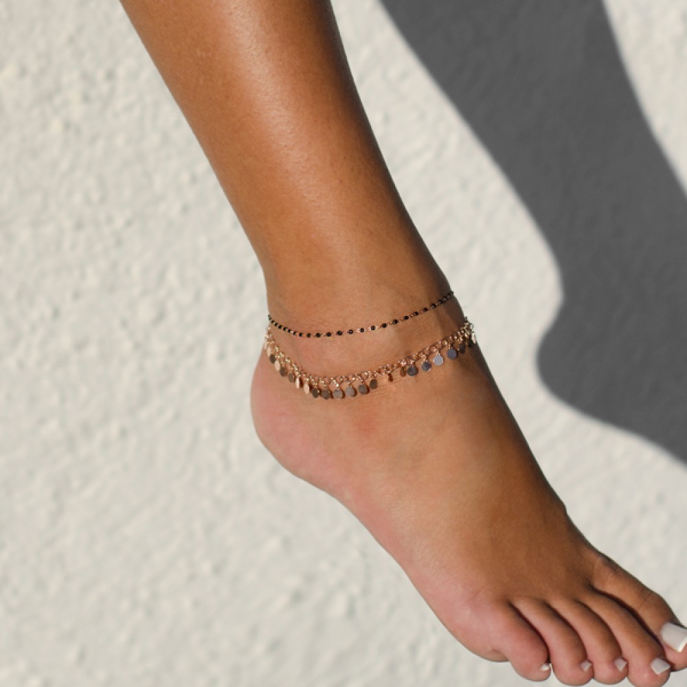 Sterling silver 925°. Ankle chain with black enamel beads