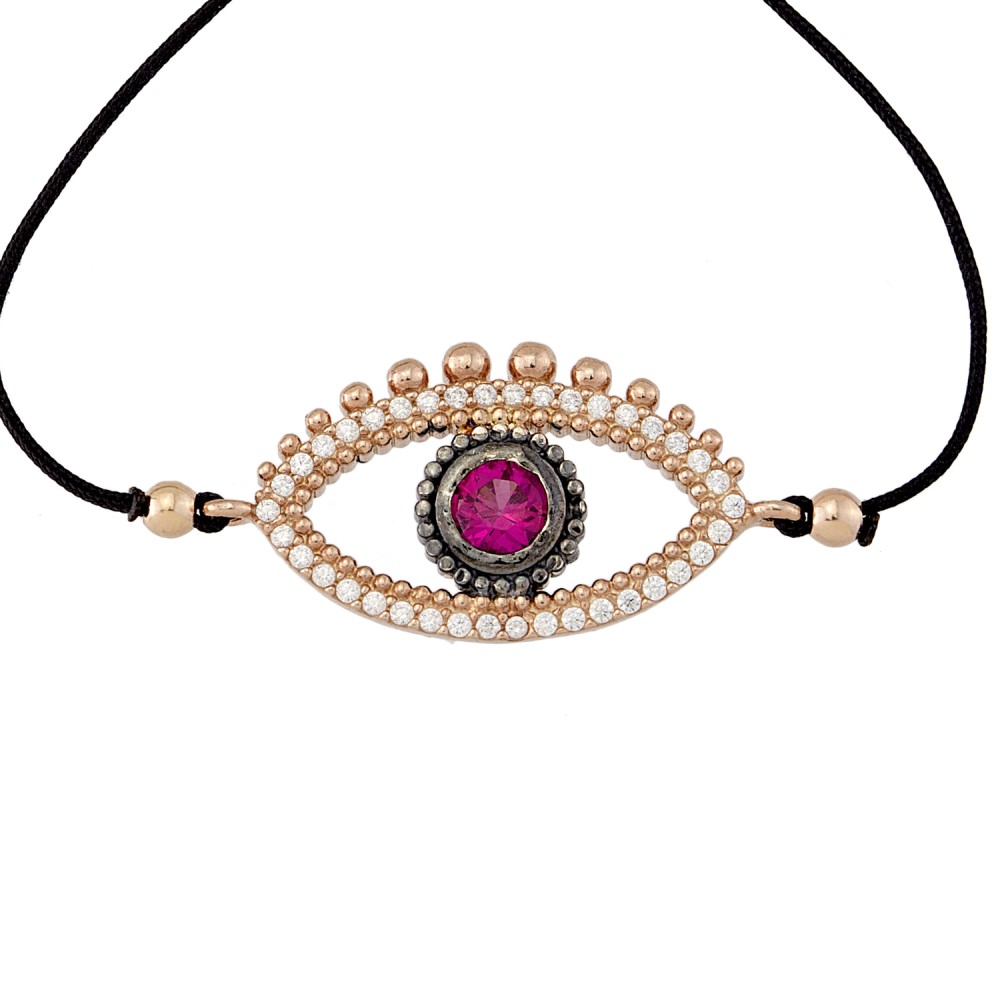 Βραχιόλι κορδόνι σχέδιο σχήμα μάτι με πέτρες ζιργκόν από οξειδωμένο και ροζ επιχρυσωμένο 925°