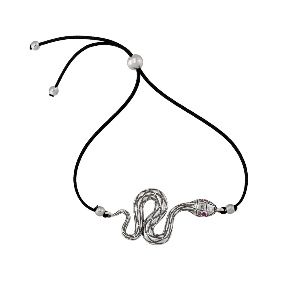 Sterling silver 925°. Serpent with CZ on cord bracelet
