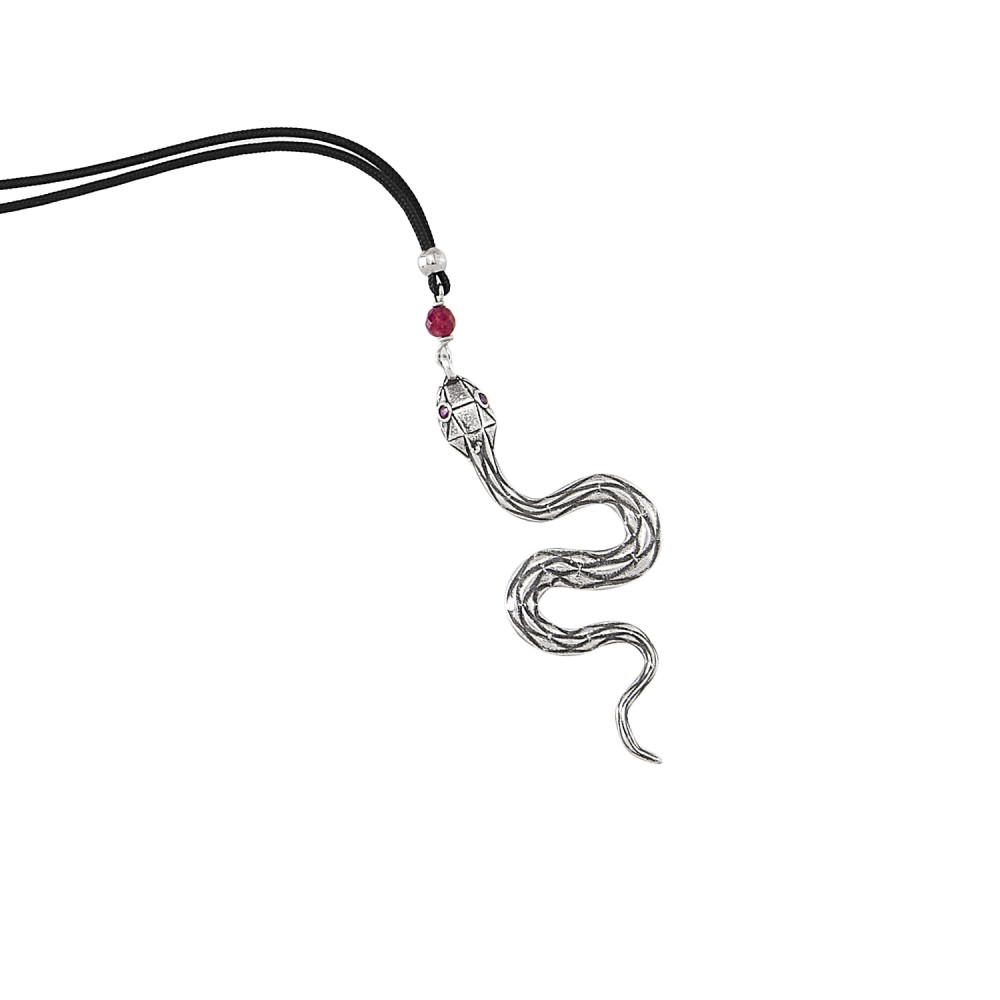 Sterling silver 925°. Serpent with CZ on cord necklace