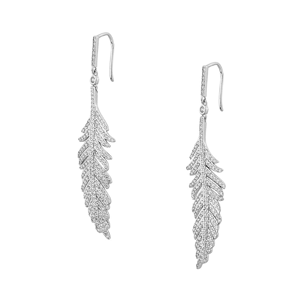 Sterling silver 925°. Feather drop earrings with CZ