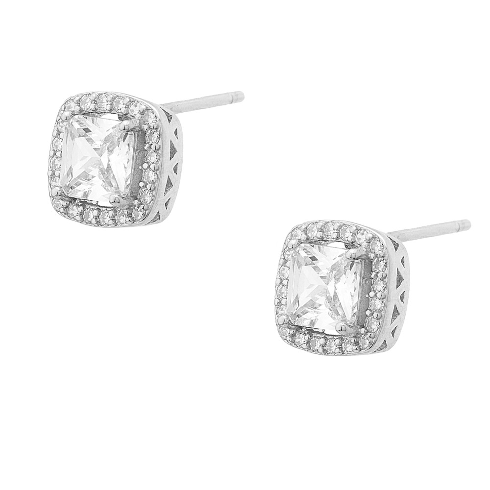 Sterling silver 925°. Square solitaire studs with halo