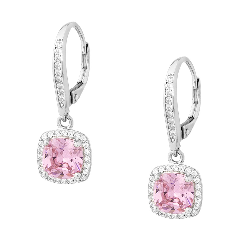 Sterling silver 925°. Square halo pink solitaire earrings