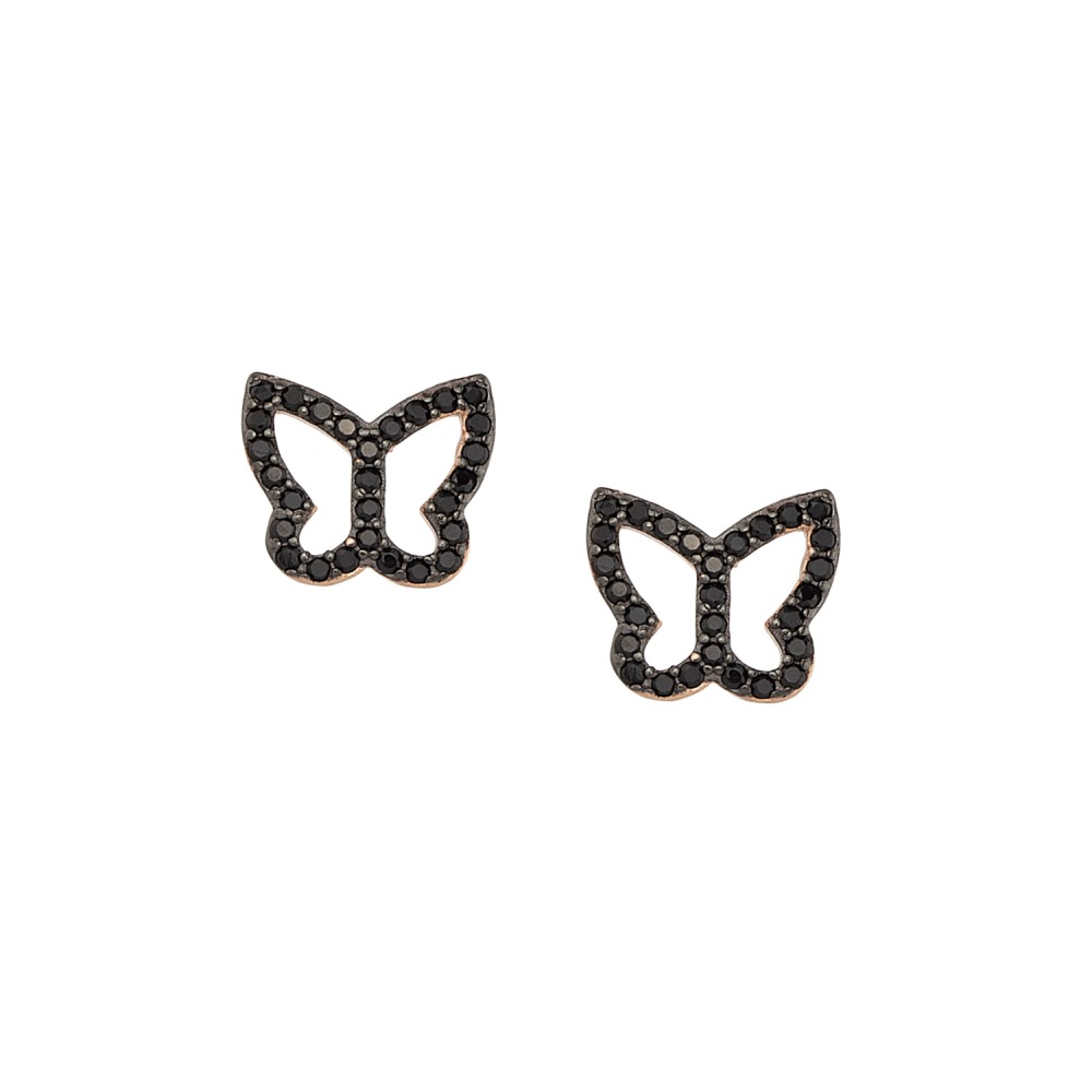 Σκουλαρίκια στικ σχέδιο πεταλούδα με πέτρες ζιργκόν από ροζ επιχρυσωμένο ασήμι 925°