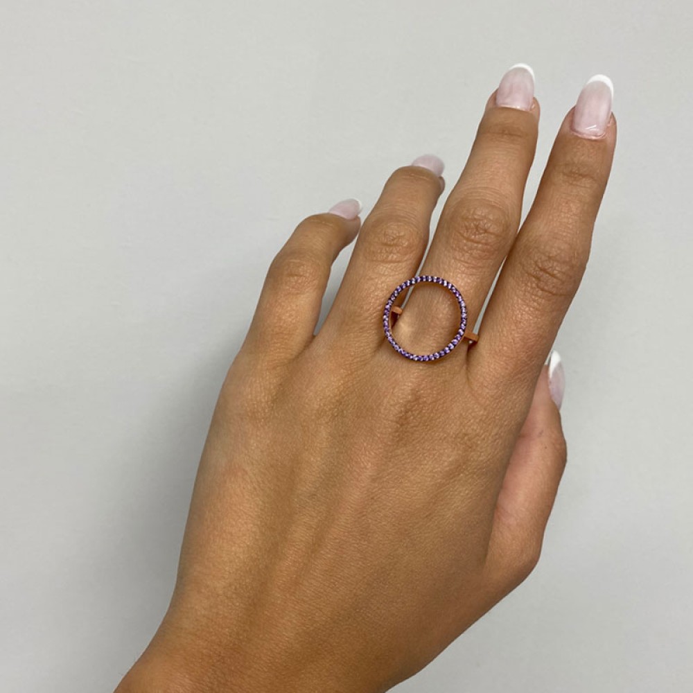Δαχτυλίδι σχέδιο κύκλος περίγραμμα με λευκές πέτρες ζιργκόν από ροζ επιχρυσωμένο ασήμι 925.