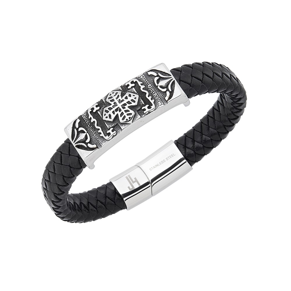Stainless steel. Braided bracelet with central motif