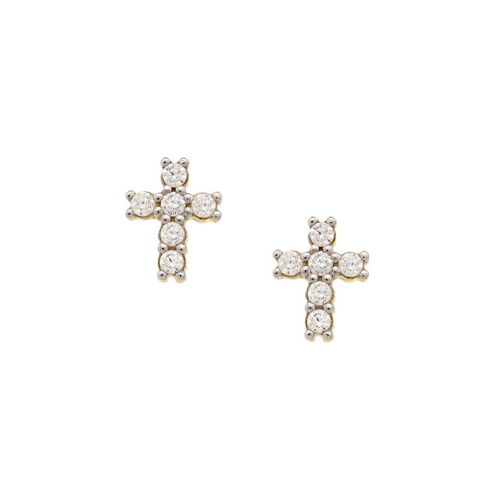 Σκουλαρίκια στικ σχέδιο σταυρός με πέτρες ζιργκόν από χρυσό 9 καρατίων