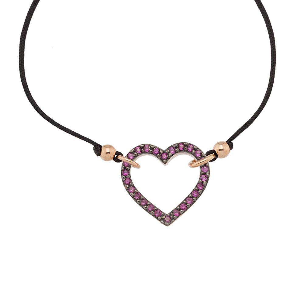 Βραχιόλι με κορδόνι με σχέδιο καρδιά με πέτρες ζιργκόν από ροζ επιχρυσωμένο ασήμι 925