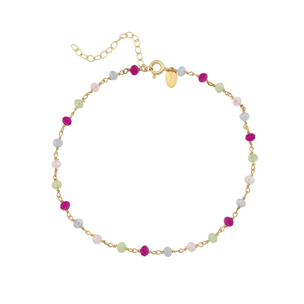 Sterling silver 925°. Anklet station chain with coloured stones