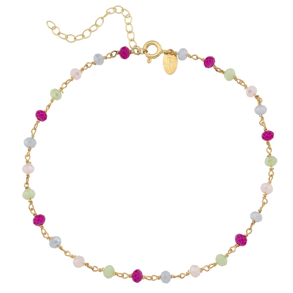 Sterling silver 925°. Anklet station chain with coloured stones