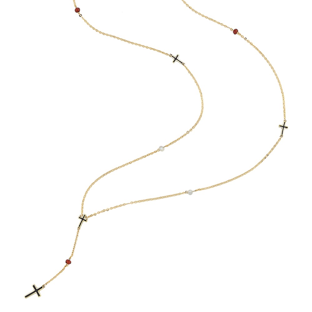 Κολιέ με αλυσίδα 70cm ροζάριο και σταυροί με σμάλτο από χρυσό 9 καρατίων