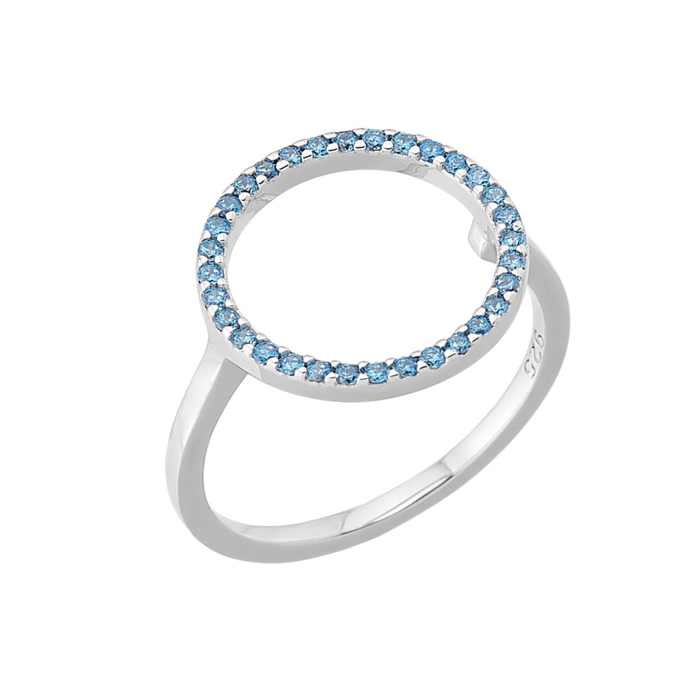 Δαχτυλίδι σχέδιο κύκλος περίγραμμα με γαλάζιες πέτρες ζιργκόν από επιπλατινωμένο ασήμι 925.